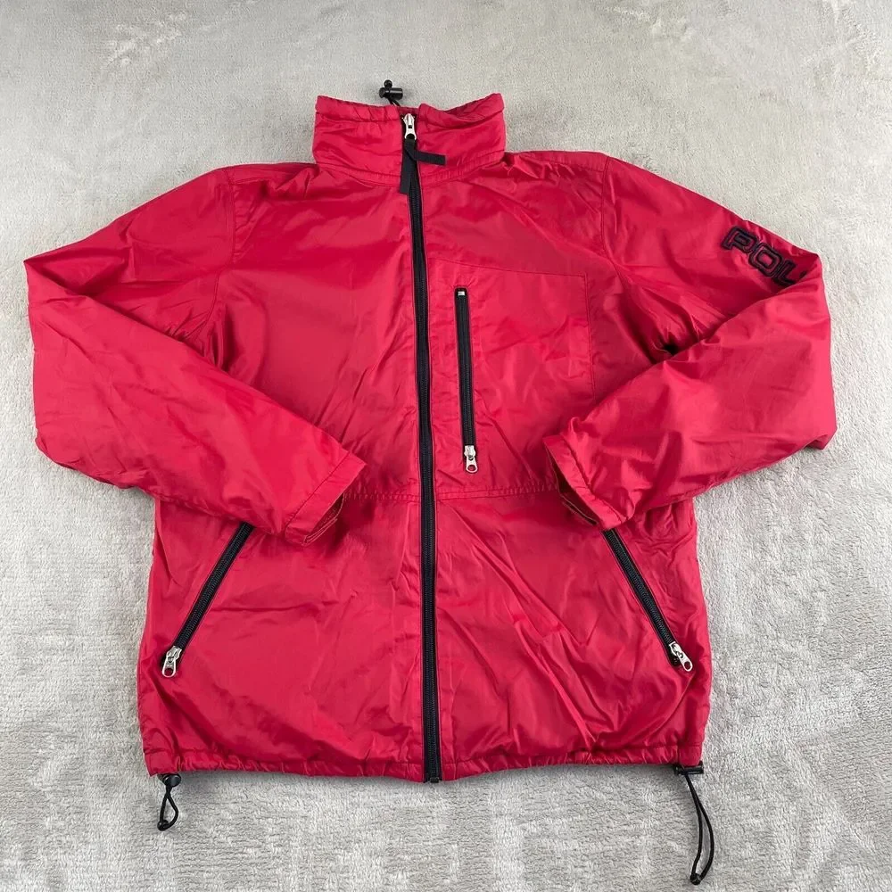 Vintage RL Polo Jeans Jacket Windbreaker Men Medium Red Embroidered Sleeve Logo‎